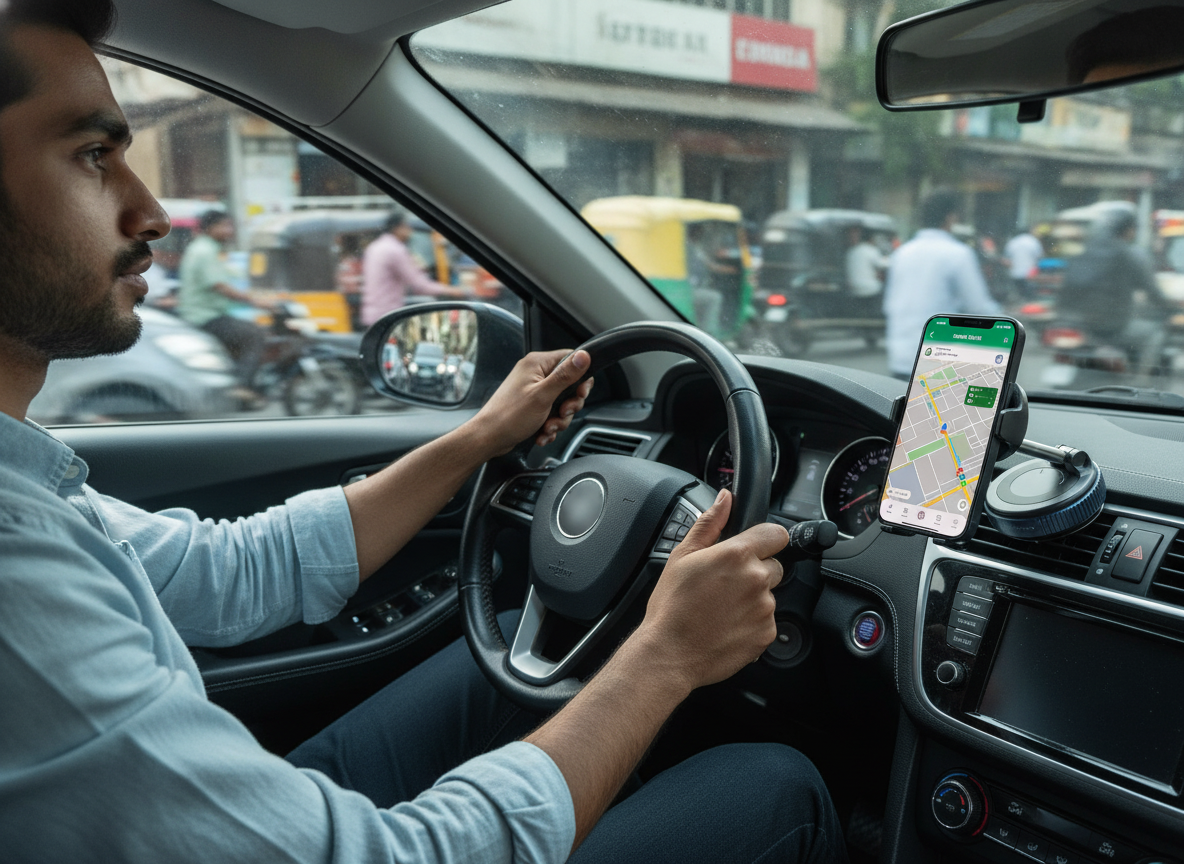 South Asian man driving through Hyderabad traffic, using a Magnatic Phone Stand securely mounted on his car dashboard for nav