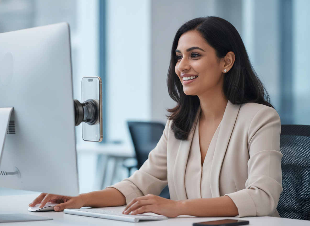 South Asian woman on a video call at her desk, phone mounted to her monitor with a black magnetic phone stand.