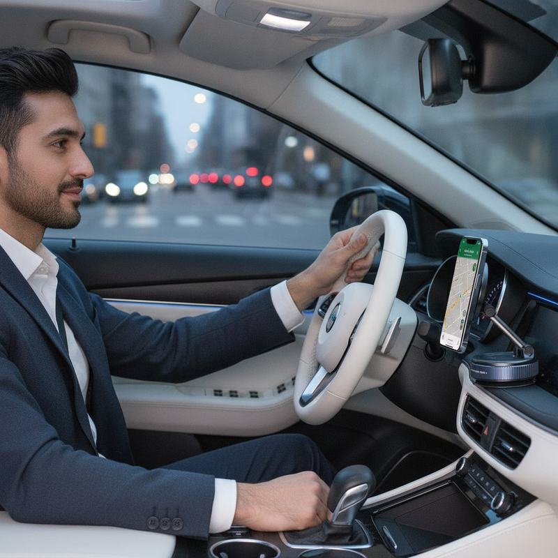 A South Asian man driving, using a black magnetic phone stand mounted on his car dashboard, holding a smartphone displaying n