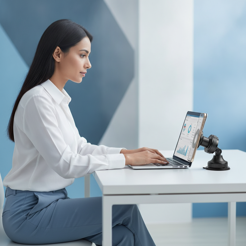 A South Asian woman works at a modern desk with a Magnetic Phone Stand holding her smartphone next to her laptop, creating a 