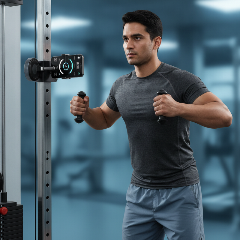 South Asian man in a gym uses a Magnatic Phone Stand with a smartphone attached to gym equipment during a workout. The phone 